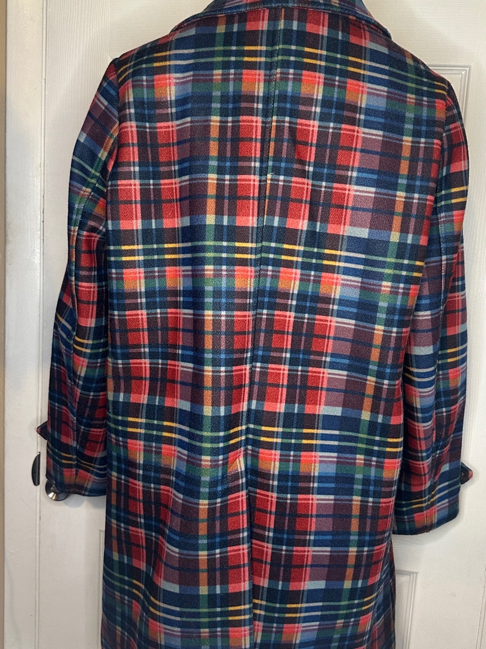 Time and Tru Red Navy Green Plaid Double-Breasted Peacoat with Yellow Accents - Picture 4 of 6